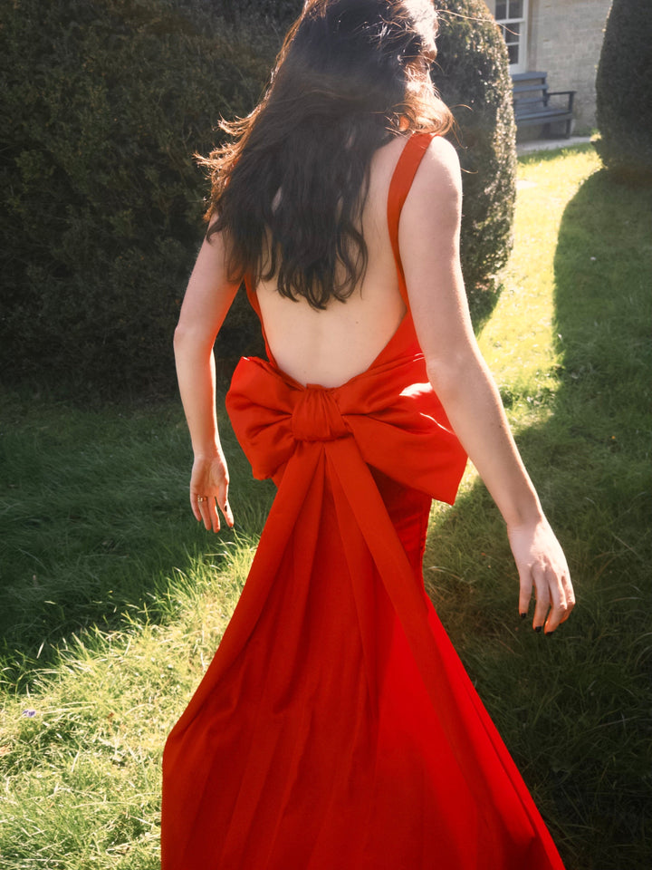 Belle of the ball - Red satin full length gown with a detachable bow train Dress Hannah Sophia England 