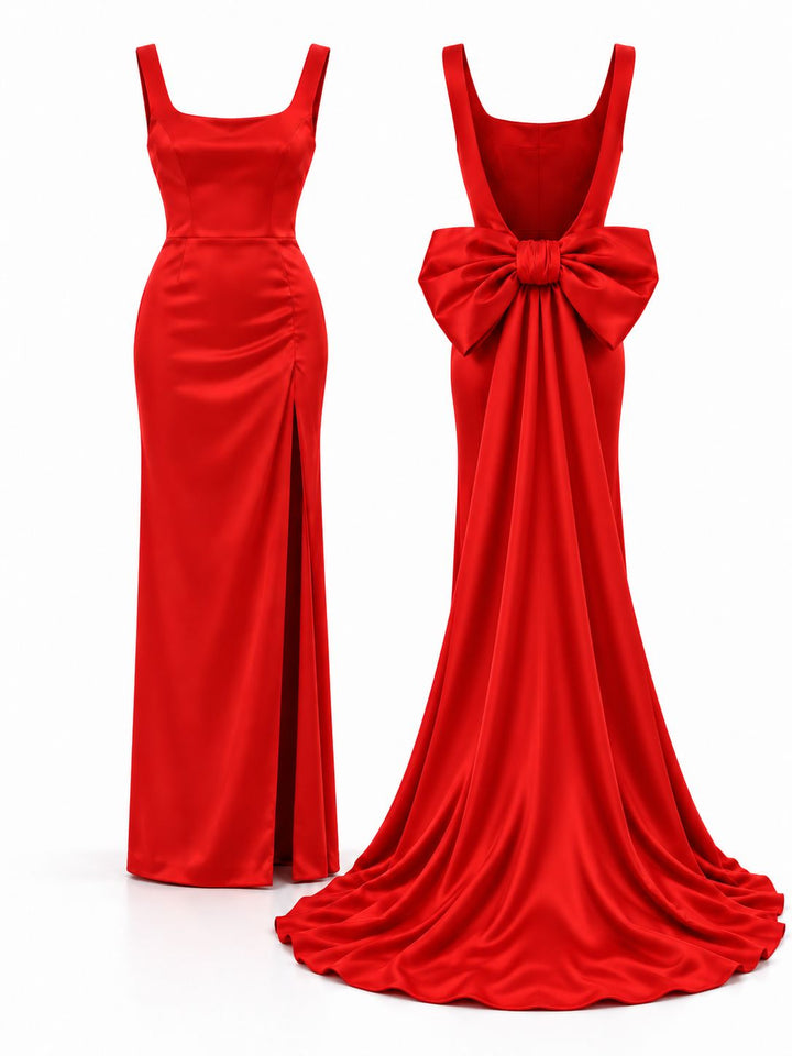 Belle of the ball - Red satin full length gown with a detachable bow train Dress Hannah Sophia England 