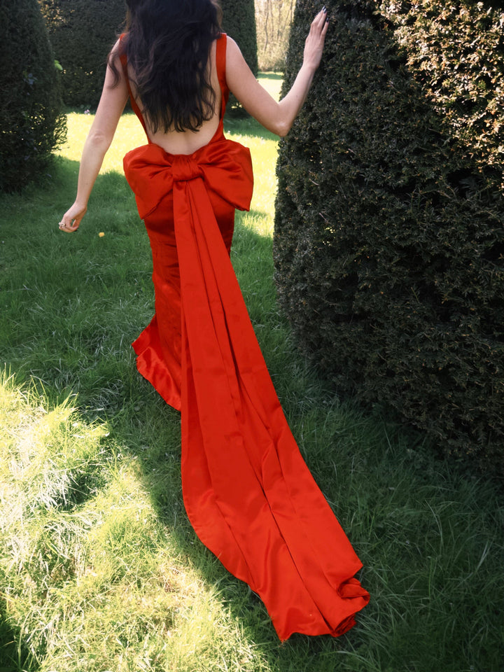 Belle of the ball - Red satin full length gown with a detachable bow train Dress Hannah Sophia England 