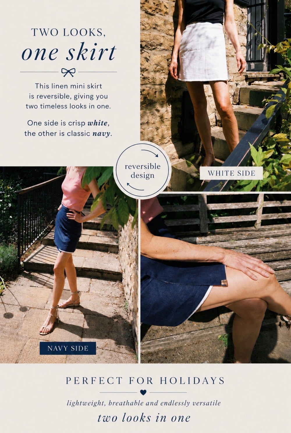 Brancaster - Reversible Mini Skirt | White Irish Linen & Navy Irish Linen Hannah Sophia England 