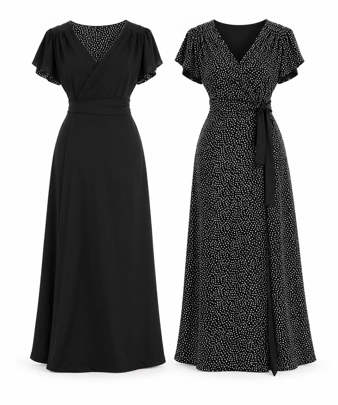Classic Saika wrap maxi Gown, Black / Black polka 4-way reversible maxi dress Hannah Sophia 