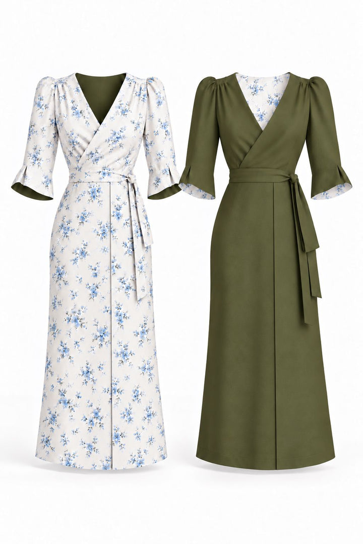 Ditsy - Reversible Wrap Dress | Floral Blue And Olive Green reversible Hannah Sophia England 