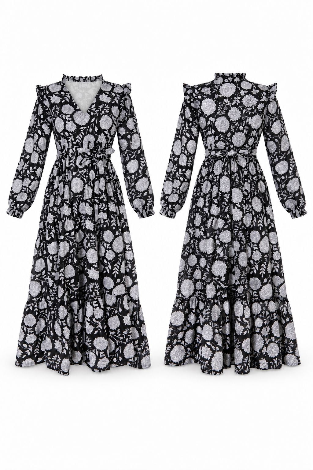 Dusk - Black Long Sleeved Floral Reversible Midi Dress Dress Hannah Sophia England 