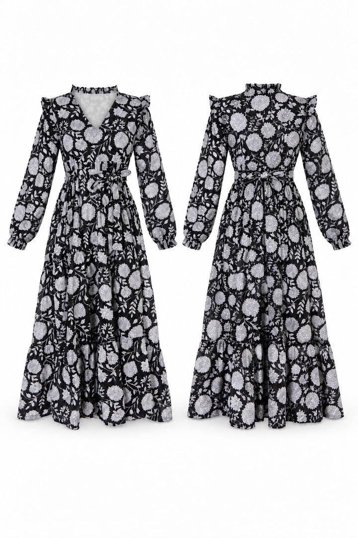 Dusk - Black Long Sleeved Floral Reversible Midi Dress Dress Hannah Sophia England 