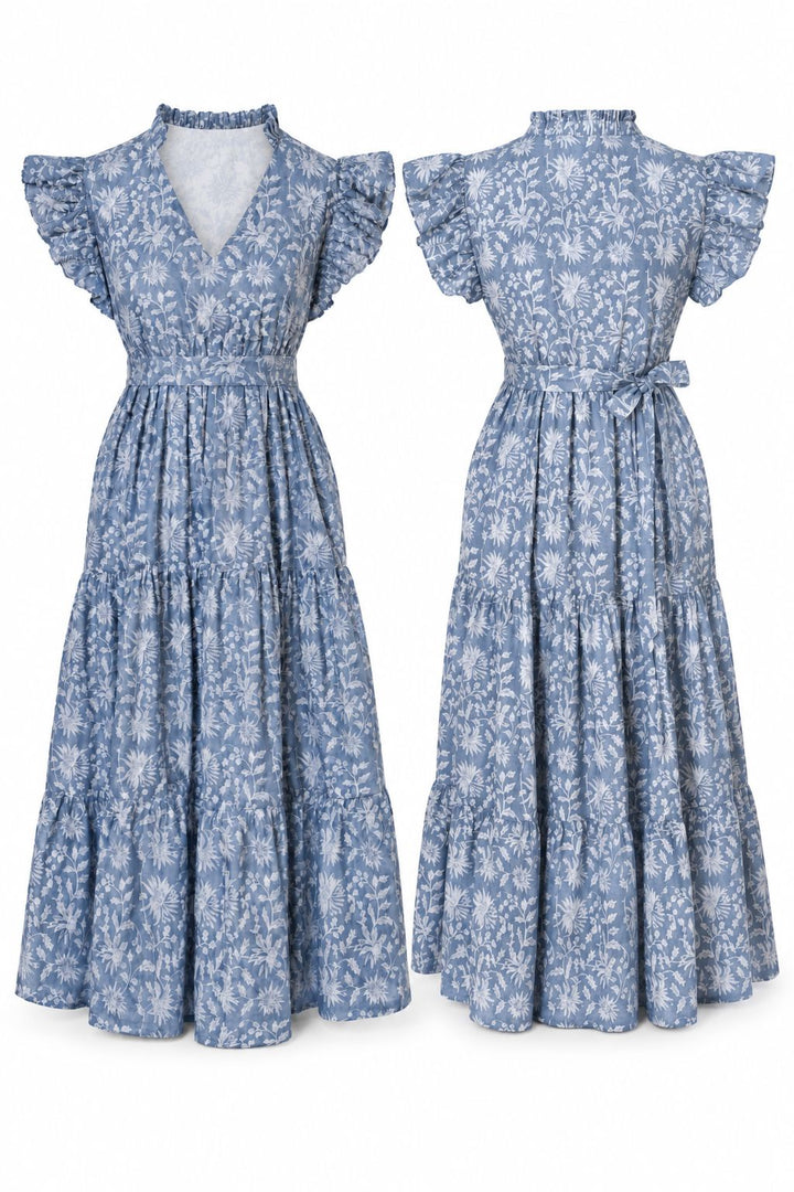 Lily - Grey and White Hand Block Printed Reversible Dress Dress Hannah Sophia England 