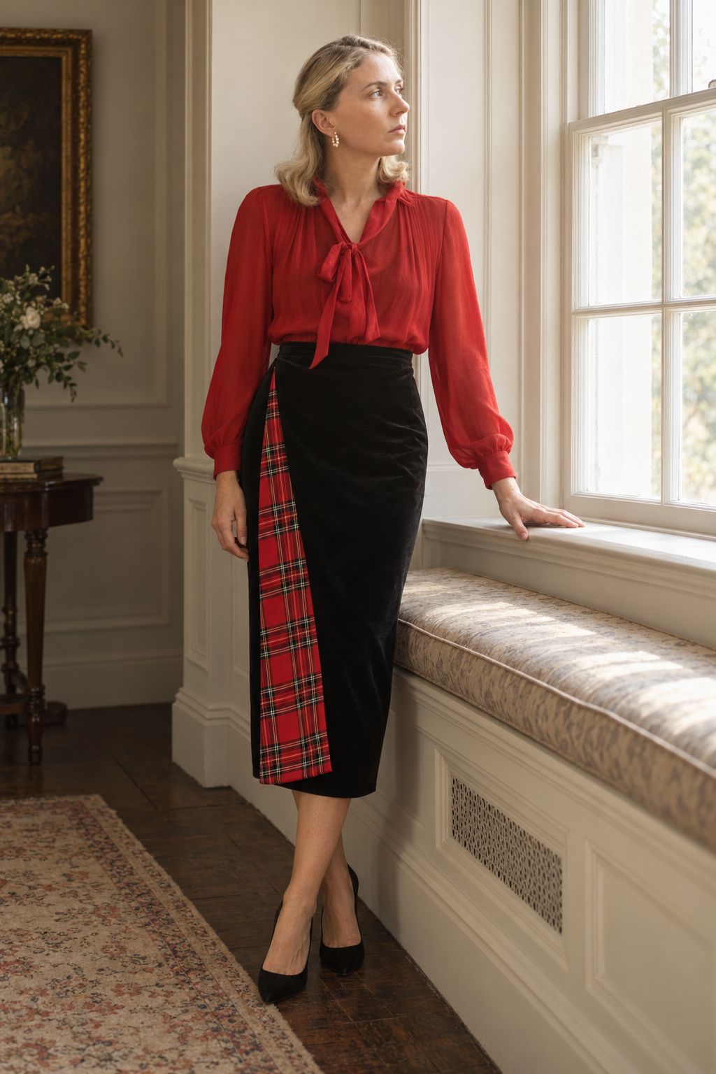 Livy- Red Tartan / Velvet midi wrap skirt Hannah Sophia England 