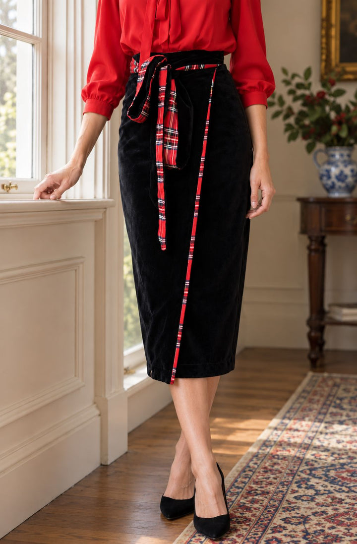 Livy- Red Tartan / Velvet midi wrap skirt Hannah Sophia England 