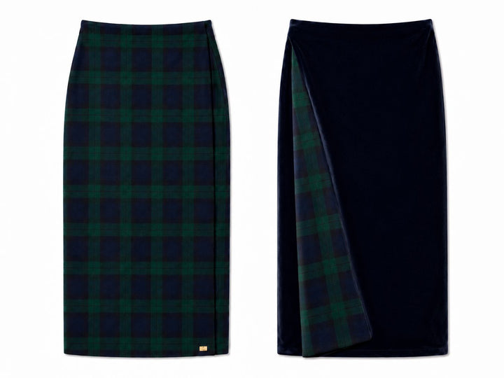 Mary - Green and Navy Tartan / Navy midi skirt Hannah Sophia England 