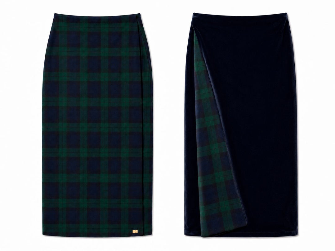 Mary - Green and Navy Tartan / Navy midi skirt Hannah Sophia England 
