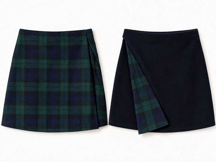Ottilie short skirt - Reversible short navy velvet / black watch tartan skirt Hannah Sophia England 