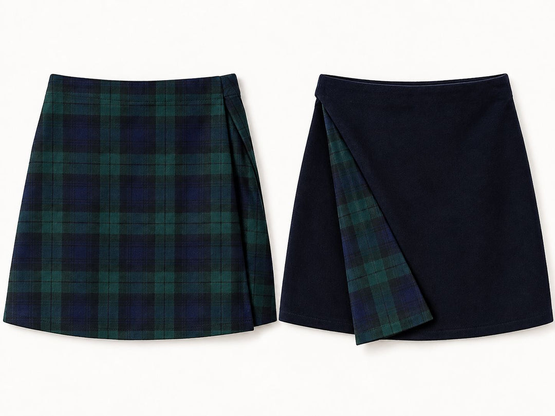 Reversible black watch tartan and navy velvet skirt Hannah Sophia England 