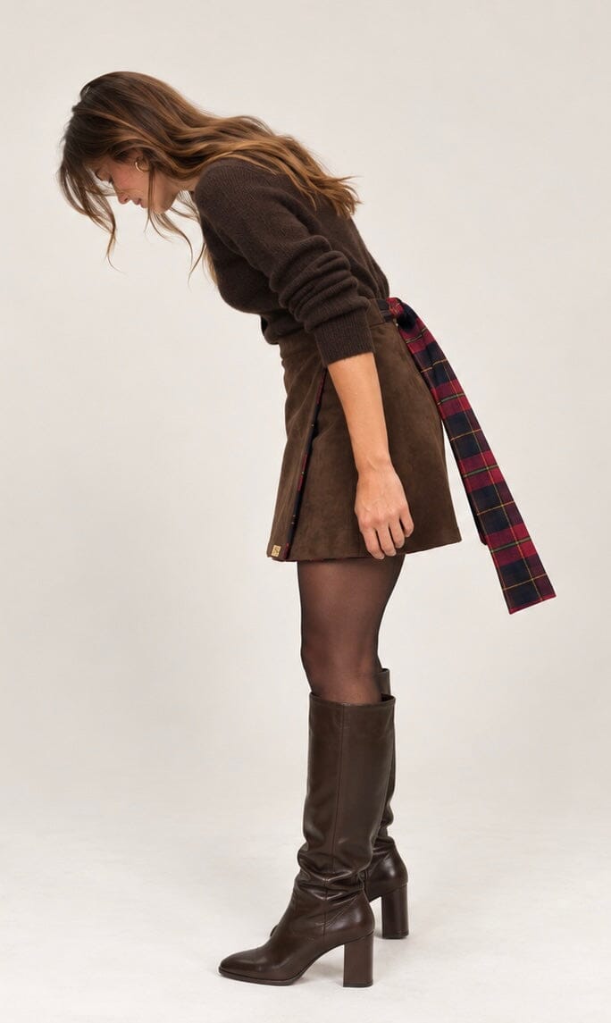 Reversible Red check and brown suede mini skirt Hannah Sophia England 