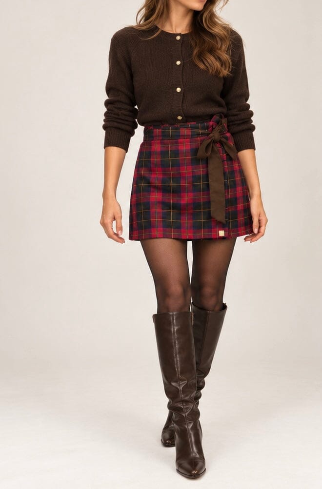 Reversible Red check and brown suede mini skirt Hannah Sophia England 