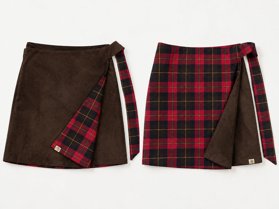 Reversible Red check and brown suede mini skirt Hannah Sophia England 