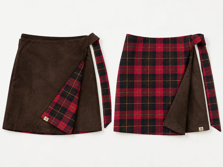 Reversible Red check and brown suede mini skirt Hannah Sophia England 
