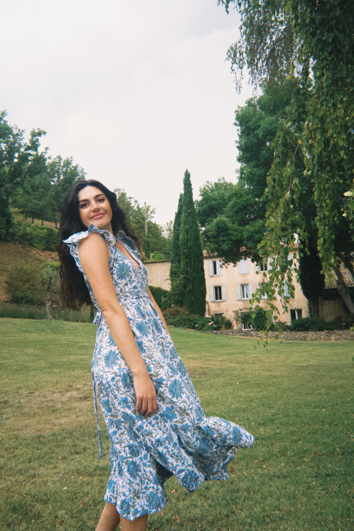 Rose - Blue and Green Hand Block Printed Reversible Dress Dress Hannah Sophia England 