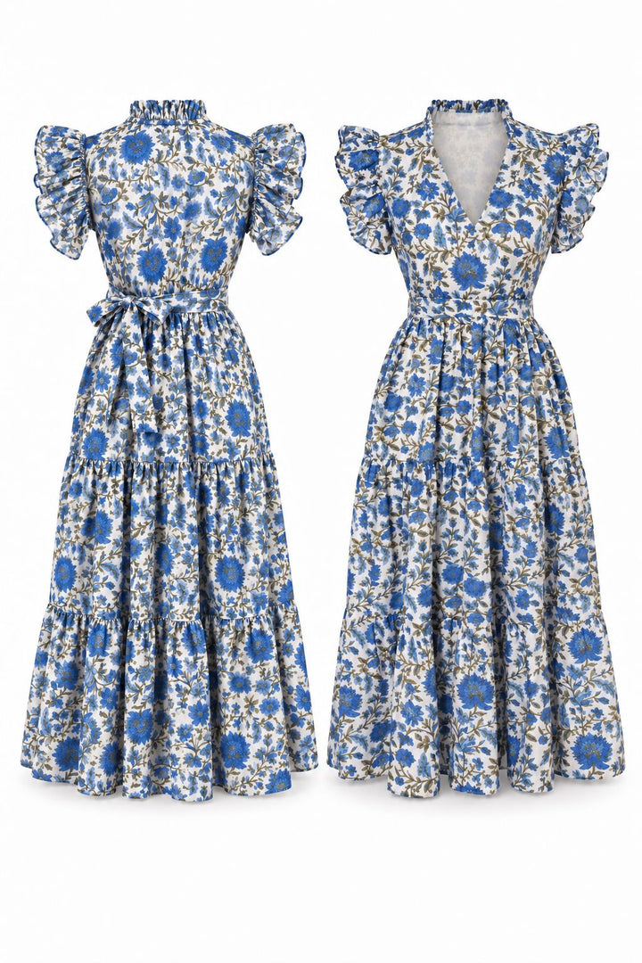 Rose - Blue and Green Hand Block Printed Reversible Dress Dress Hannah Sophia England 