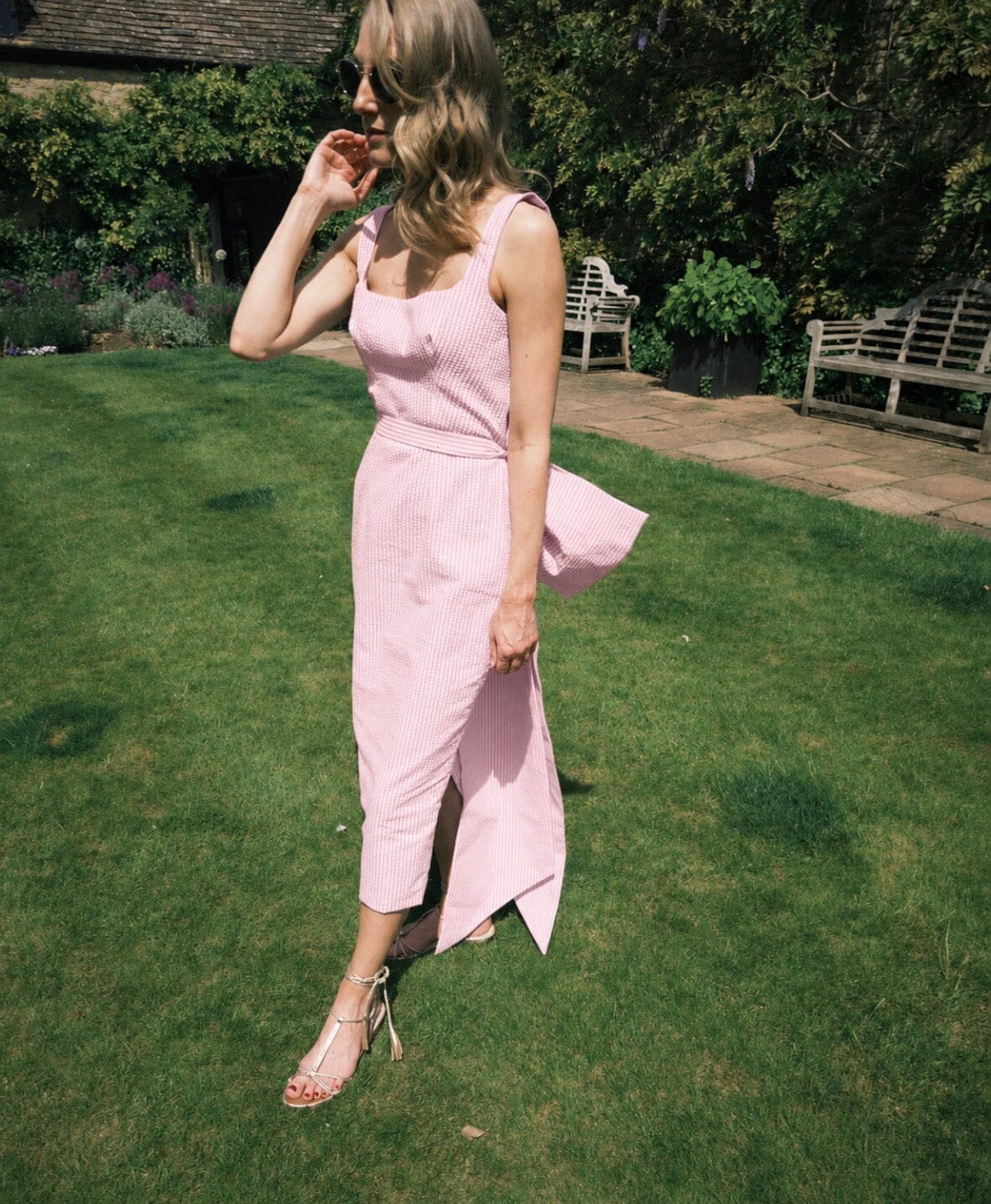 Seersucker light stripe pink Detachable Bow Belt Hannah Sophia England 