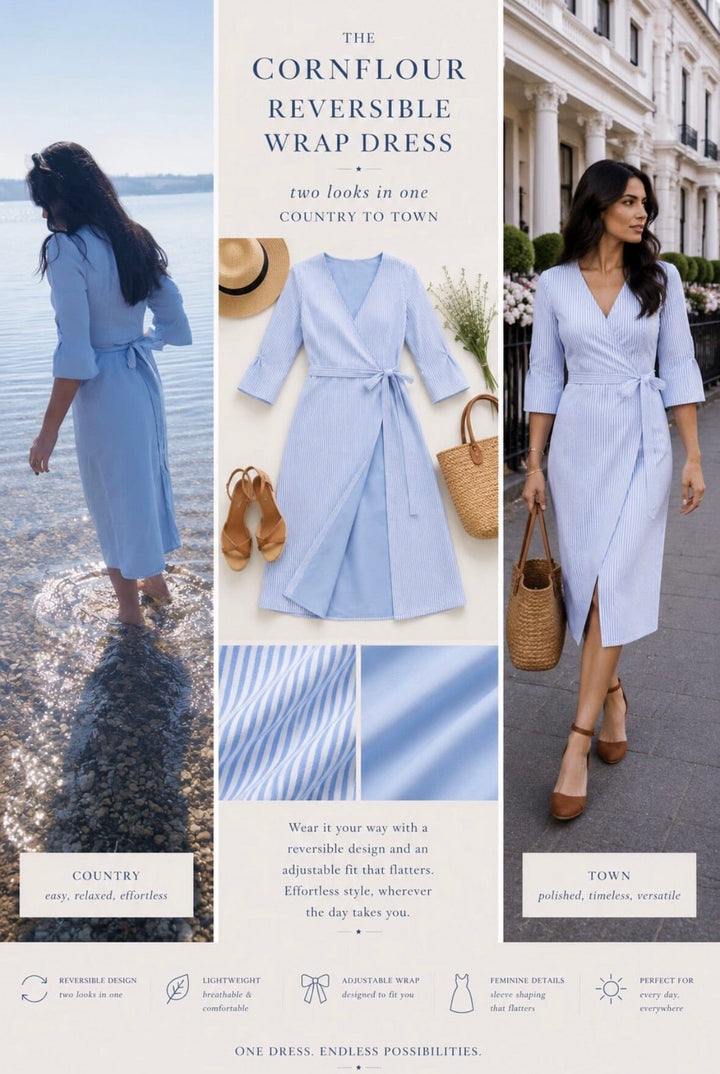 The Cornflower - Reversible Wrap Dress | Powder Blue & Blue Seersucker Hannah Sophia England 