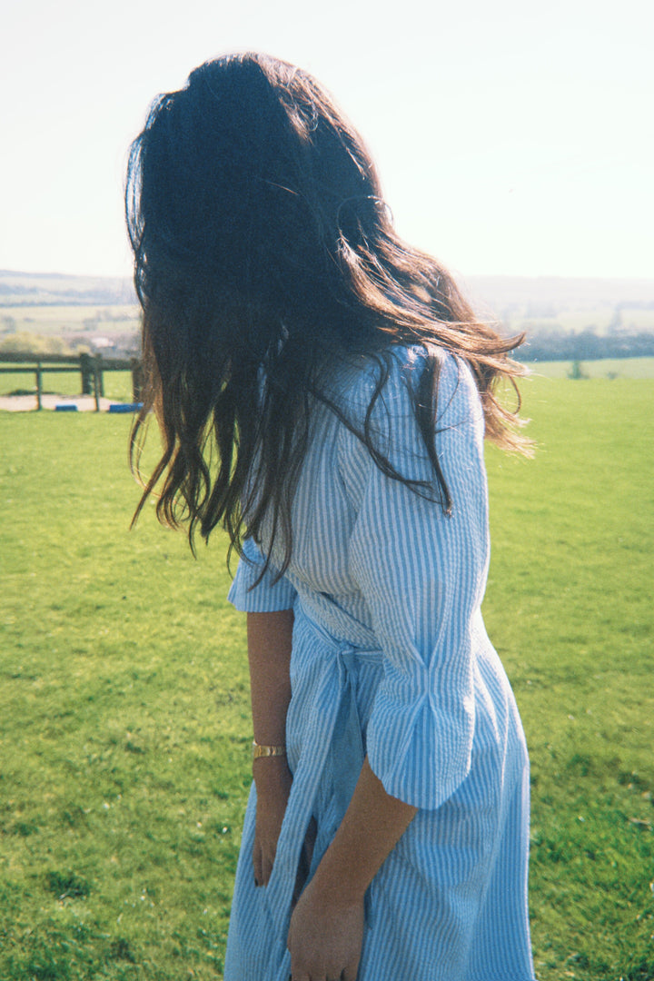 The Cornflower - Reversible Wrap Dress | Powder Blue & Blue Seersucker Hannah Sophia England 