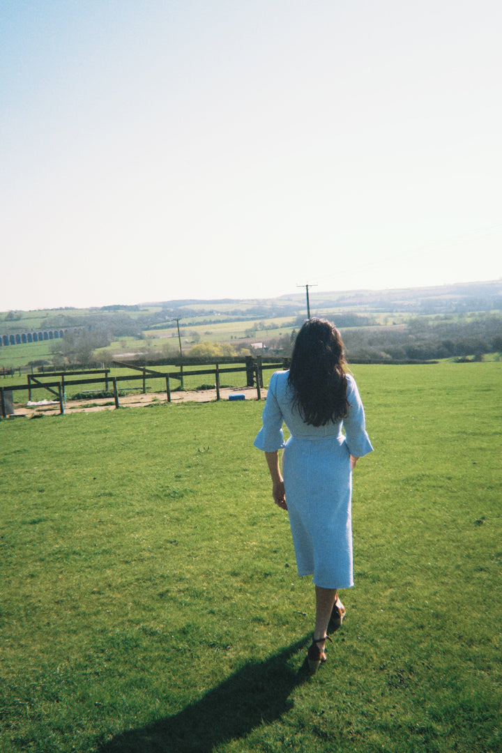 The Cornflower - Reversible Wrap Dress | Powder Blue & Blue Seersucker Hannah Sophia England 
