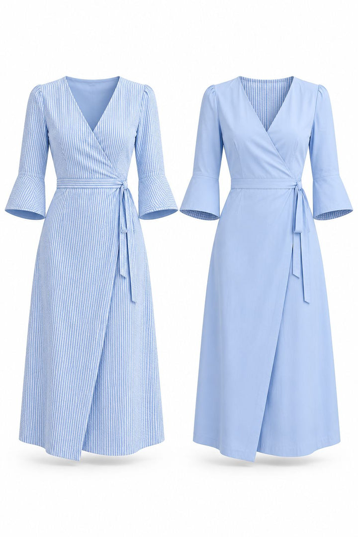 The Cornflower - Reversible Wrap Dress | Powder Blue &amp; Blue Seersucker Hannah Sophia England 