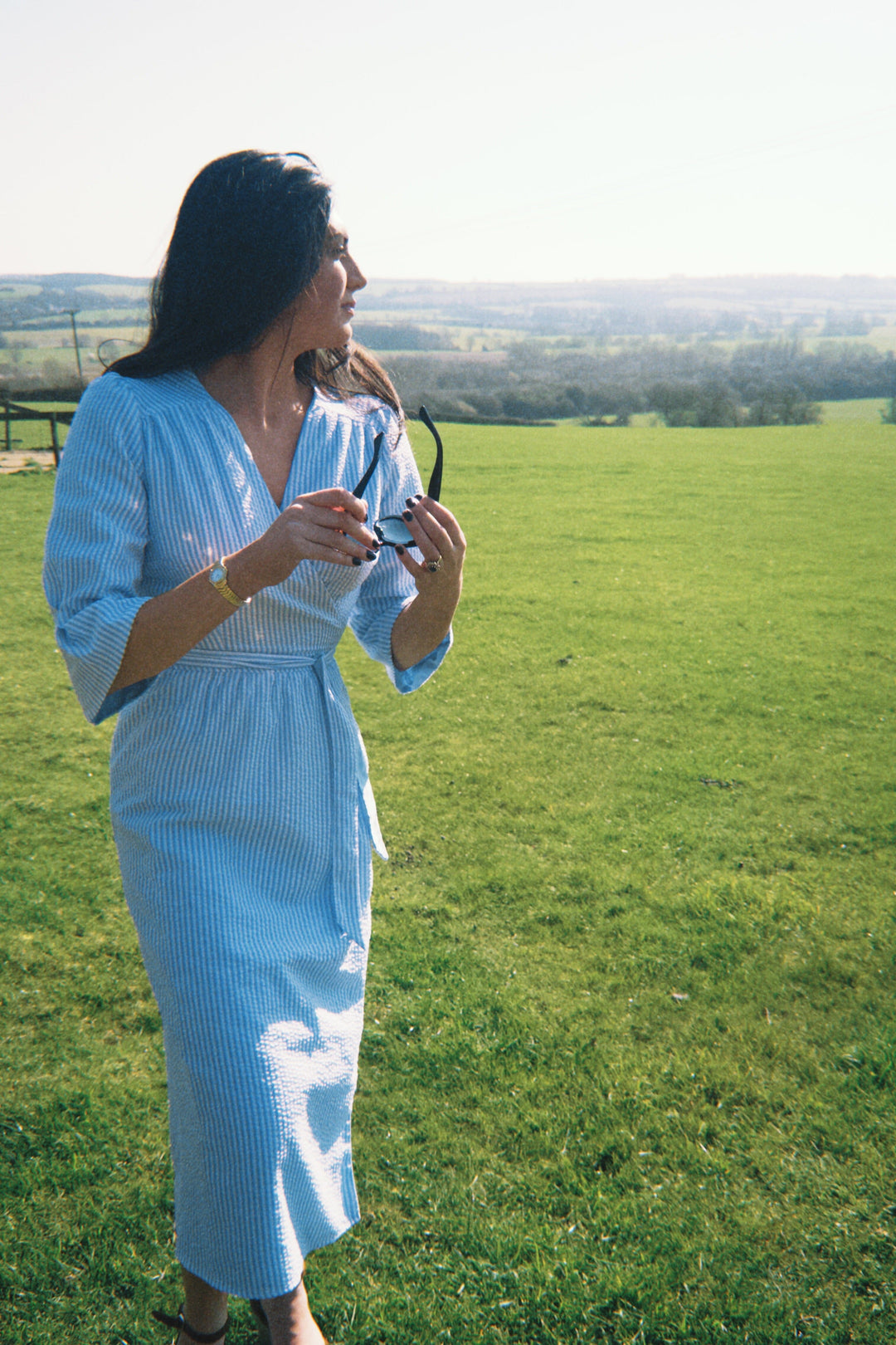 The Cornflower - Reversible Wrap Dress | Powder Blue & Blue Seersucker Hannah Sophia England 