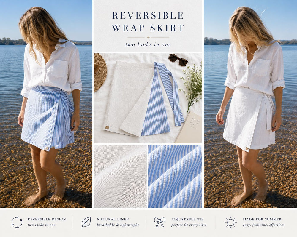 The Henley - Reversible Mini Skirt | White Irish Linen & Blue Seersucker Hannah Sophia England 
