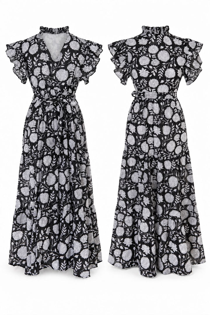 Willow - Black Floral Reversible Midi Dress Dress Hannah Sophia England 