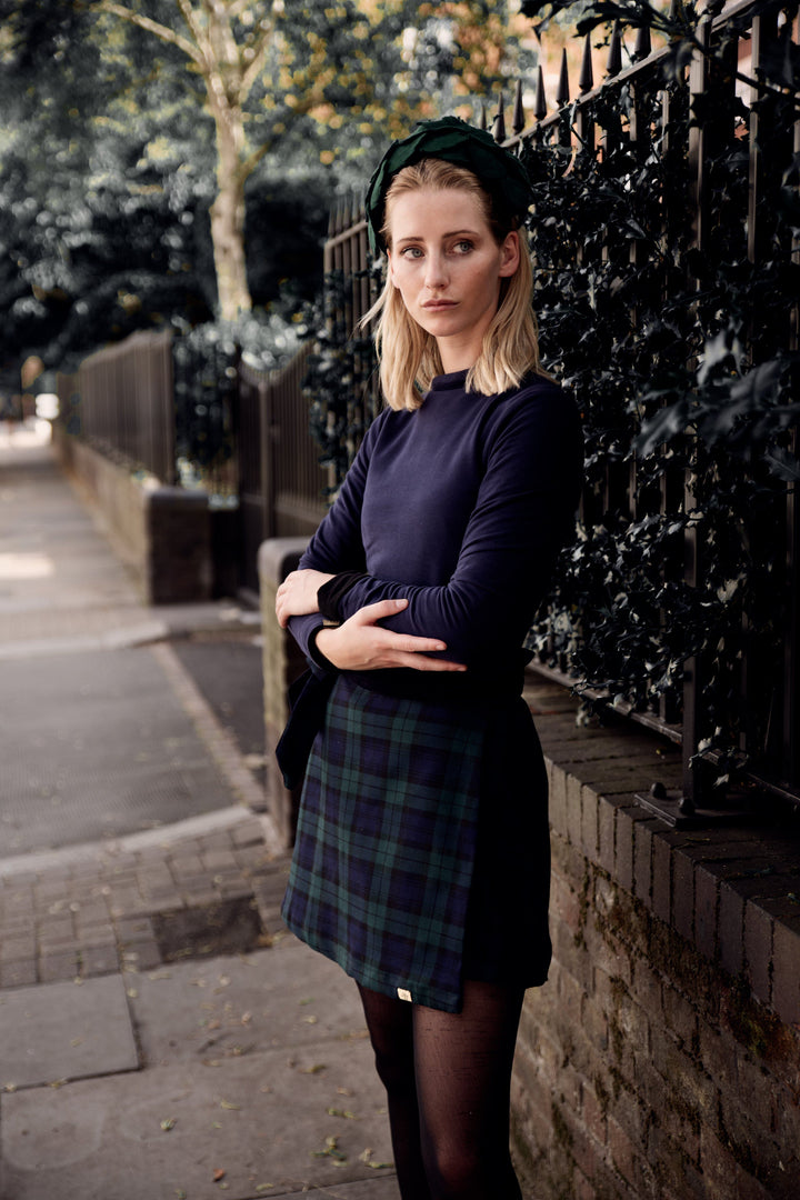 Ottilie short skirt - Reversible short navy velvet / black watch tartan skirt Hannah Sophia England 