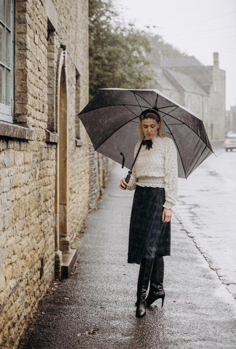 Petite Mary - Green and Navy Tartan / Navy midi skirt Hannah Sophia England 