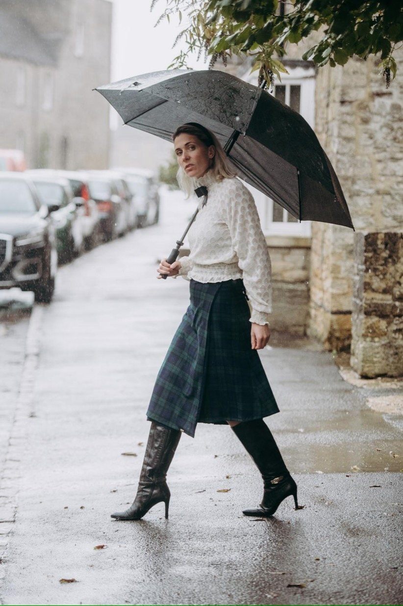 Petite Mary - Green and Navy Tartan / Navy midi skirt Hannah Sophia England 