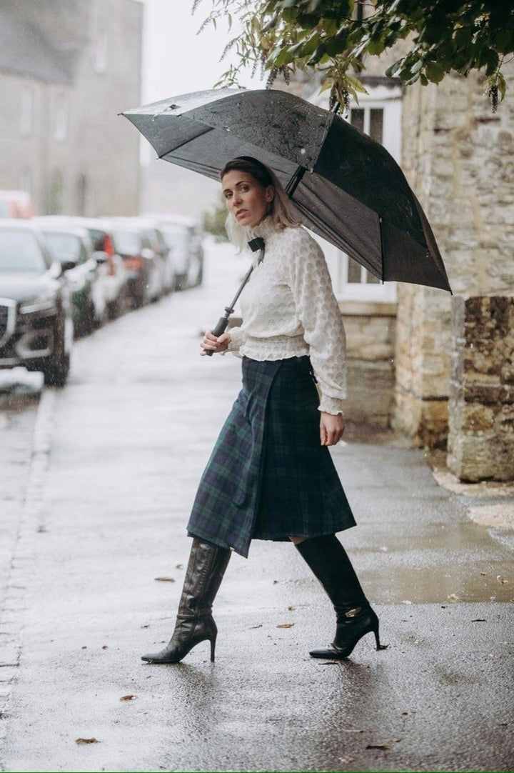 PRE-ORDER Holly - Green and Navy Tartan / Navy midi skirt Hannah Sophia England 