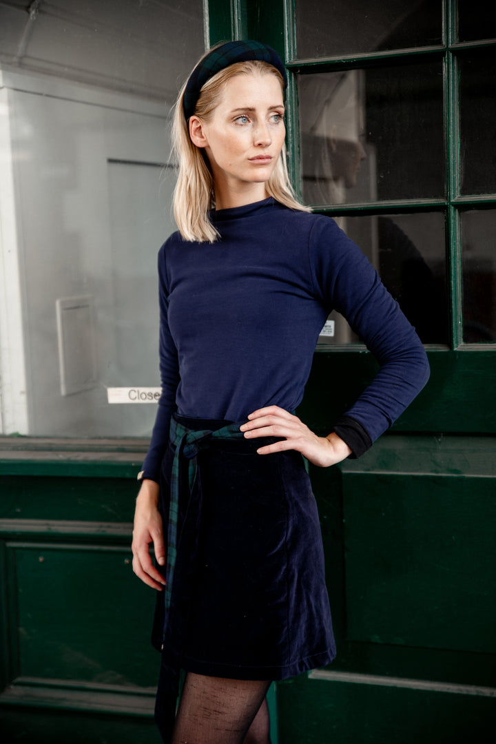 Reversible black watch tartan and navy velvet skirt Hannah Sophia England 