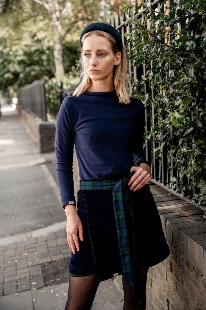 Reversible black watch tartan and navy velvet skirt Hannah Sophia England 