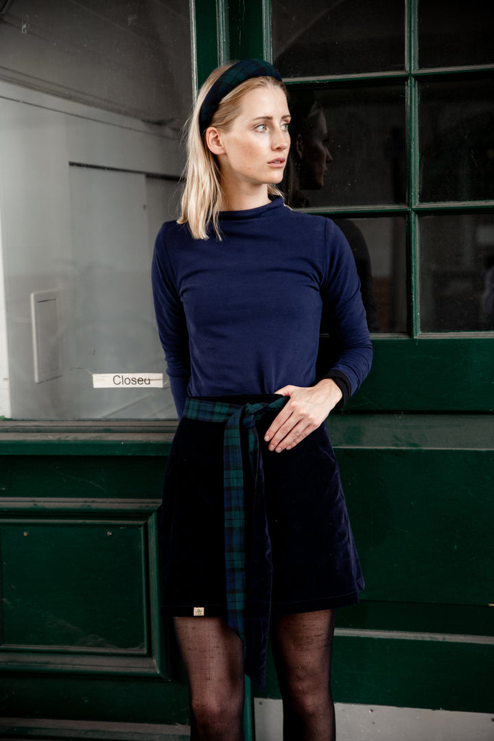 Reversible black watch tartan and navy velvet skirt Hannah Sophia England 