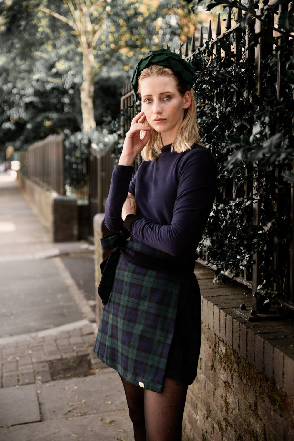 Reversible black watch tartan and navy velvet skirt Hannah Sophia England 
