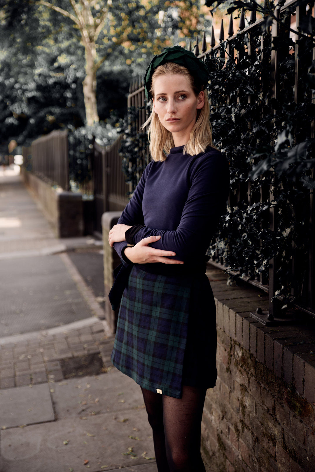 Reversible black watch tartan and navy velvet skirt Hannah Sophia England 