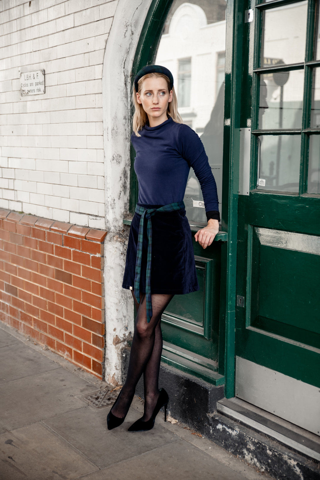Reversible black watch tartan and navy velvet skirt Hannah Sophia England 