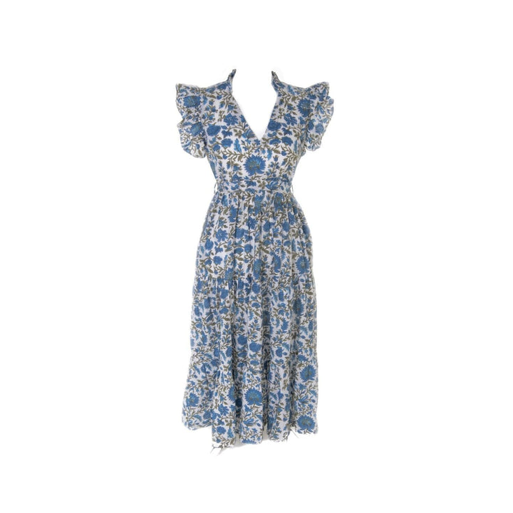 Rose - Blue and Green Hand Block Printed Reversible Dress Dress Hannah Sophia England 