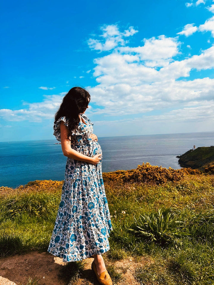 Rose - Blue and Green Hand Block Printed Reversible Dress Dress Hannah Sophia England 